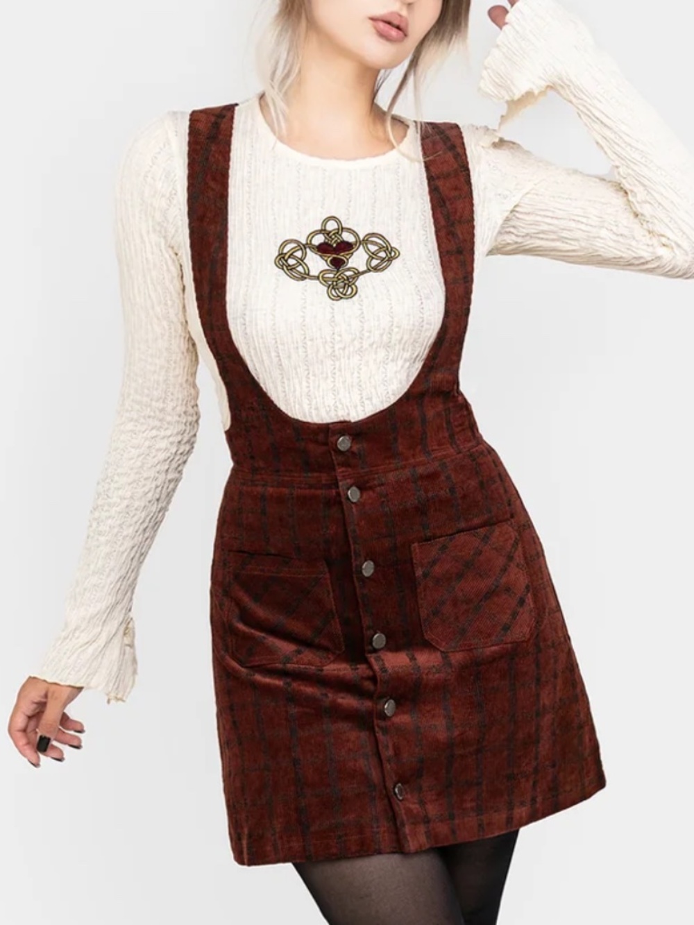 Terracotta Check Cord Mini Pinafore Skirt Size 10